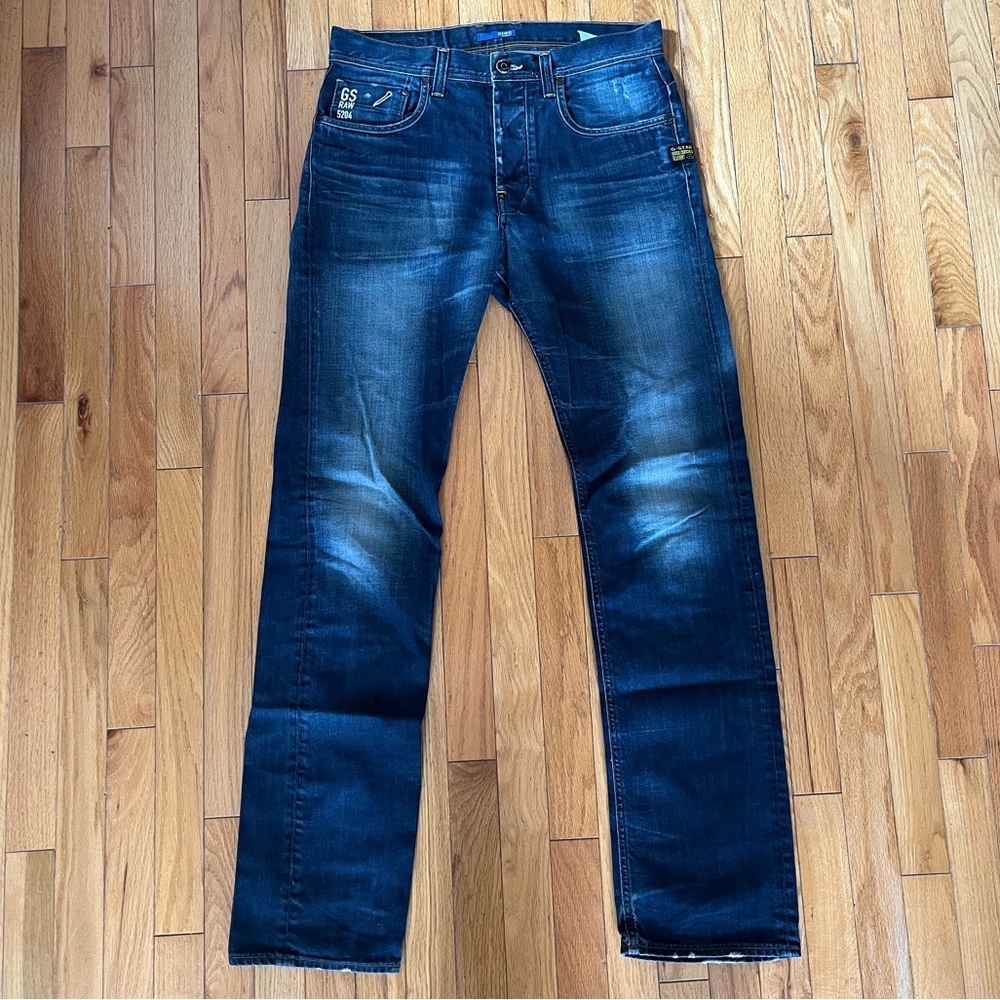 G-Star Raw Attacc Straight Jeans Slim Dark Wash 32x36 Faded Whiskered Button Fly